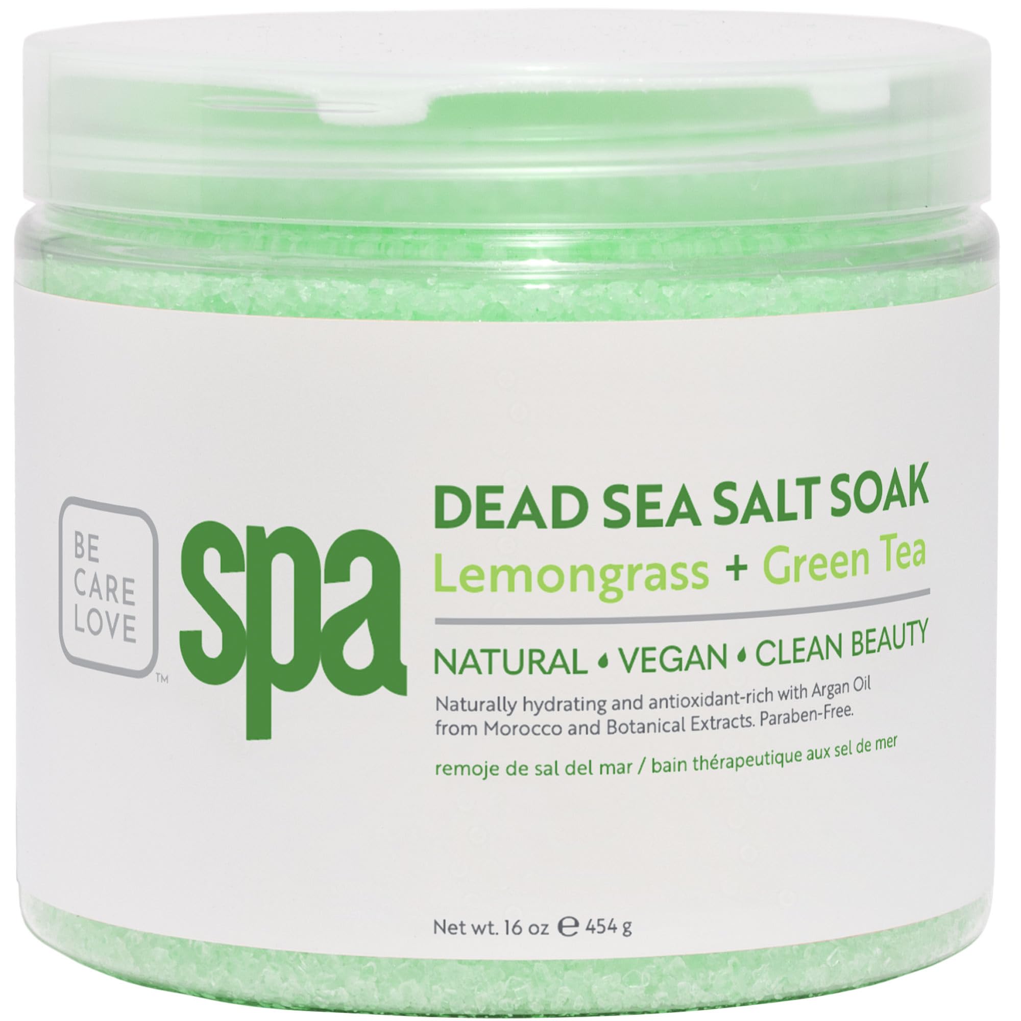 Be Care Love BCL Spa Dead Sea Salt Soak jar with white lid, showing the product label and salt crystals inside