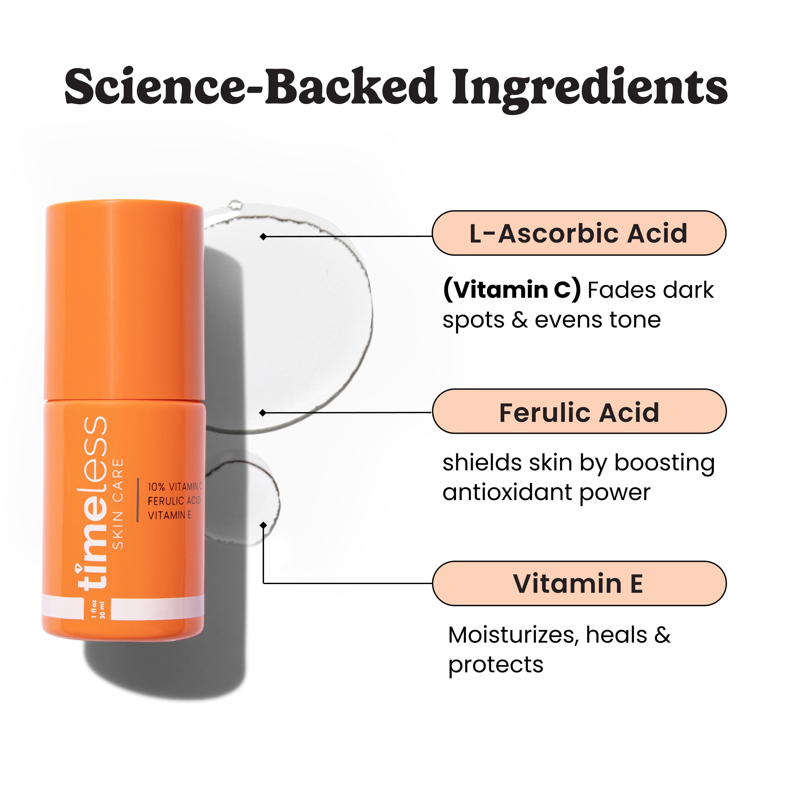 Timeless Skin Care Vitamin C Serum with Vitamin E and Ferulic Acid in a clear glass bottle with dropper