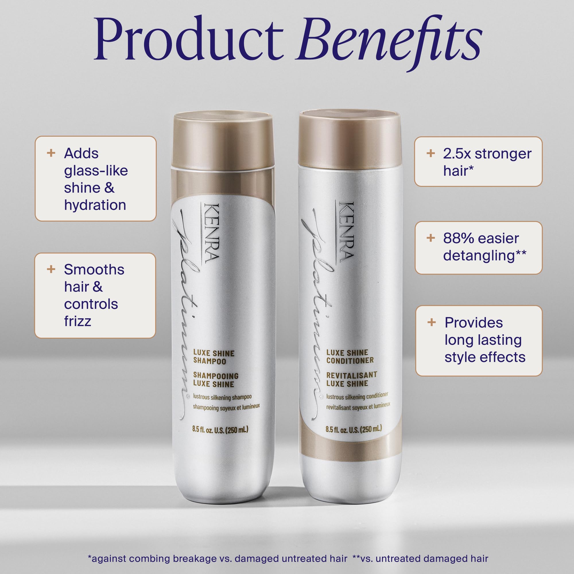 Kenra Platinum Luxe Shine Conditioner bottle with sleek packaging, designed to add shine and moisture to hair.