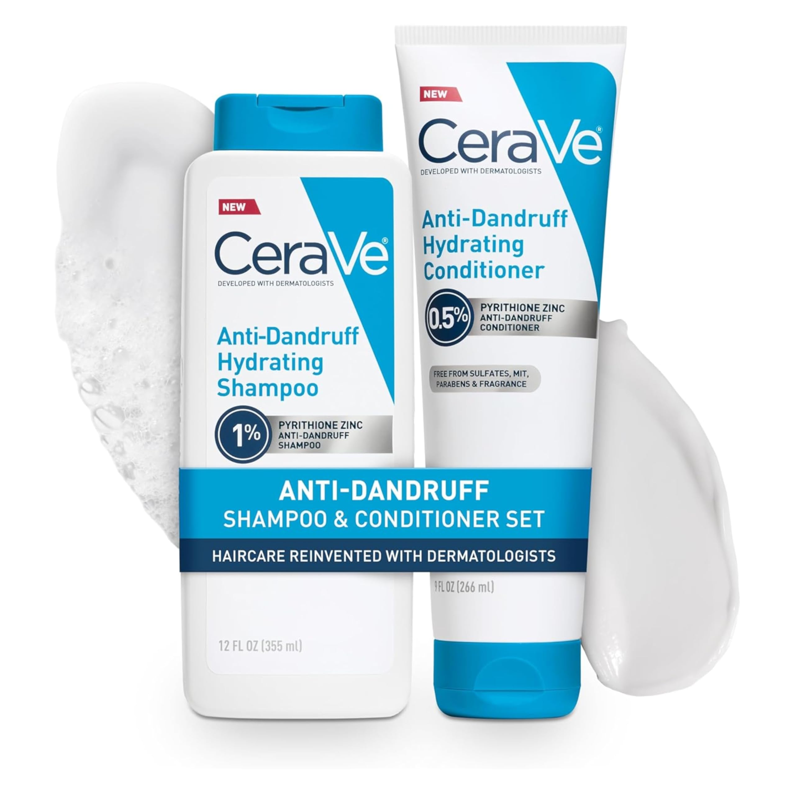 CeraVe Hydrating Anti Dandruff Shampoo bottle with white label and blue cap, containing moisturizing shampoo for dandruff relief