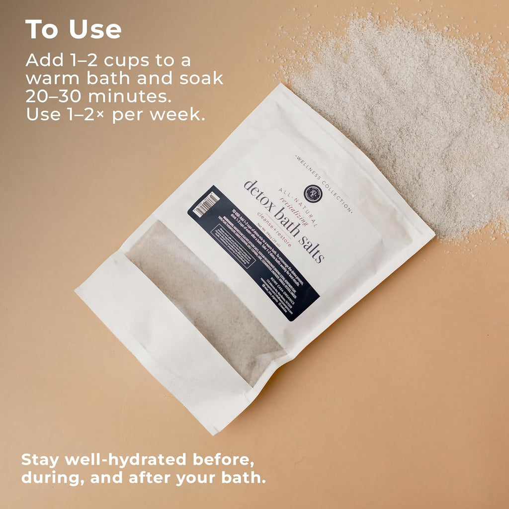 Rowe Casa Organics detox bath salts with magnesium and bentonite clay, featuring a clear jar filled with pink salts and natural ingredients.