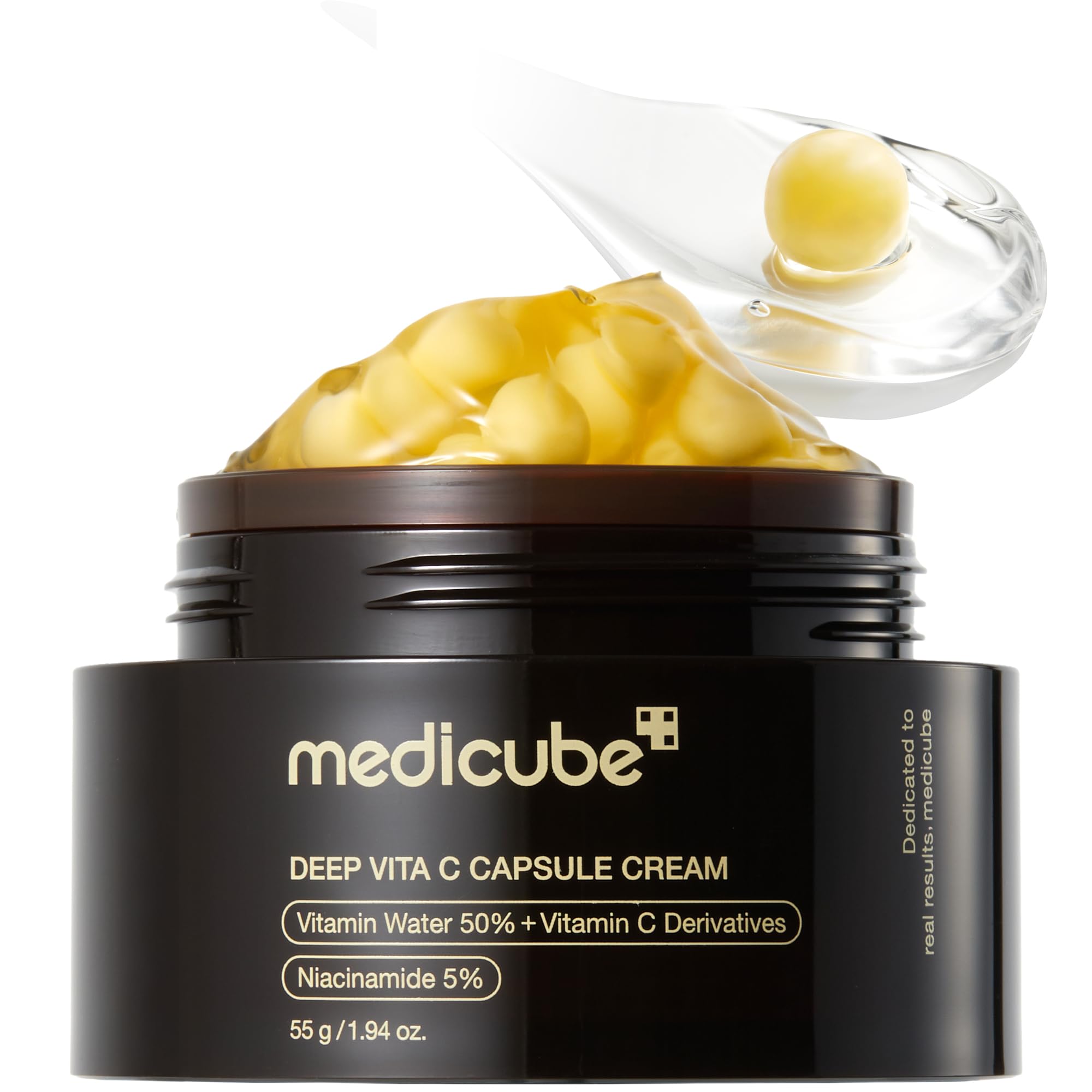 Medicube Capsule Cream with Deep Vitamin C in a jar, featuring small capsules inside for brightening skincare.