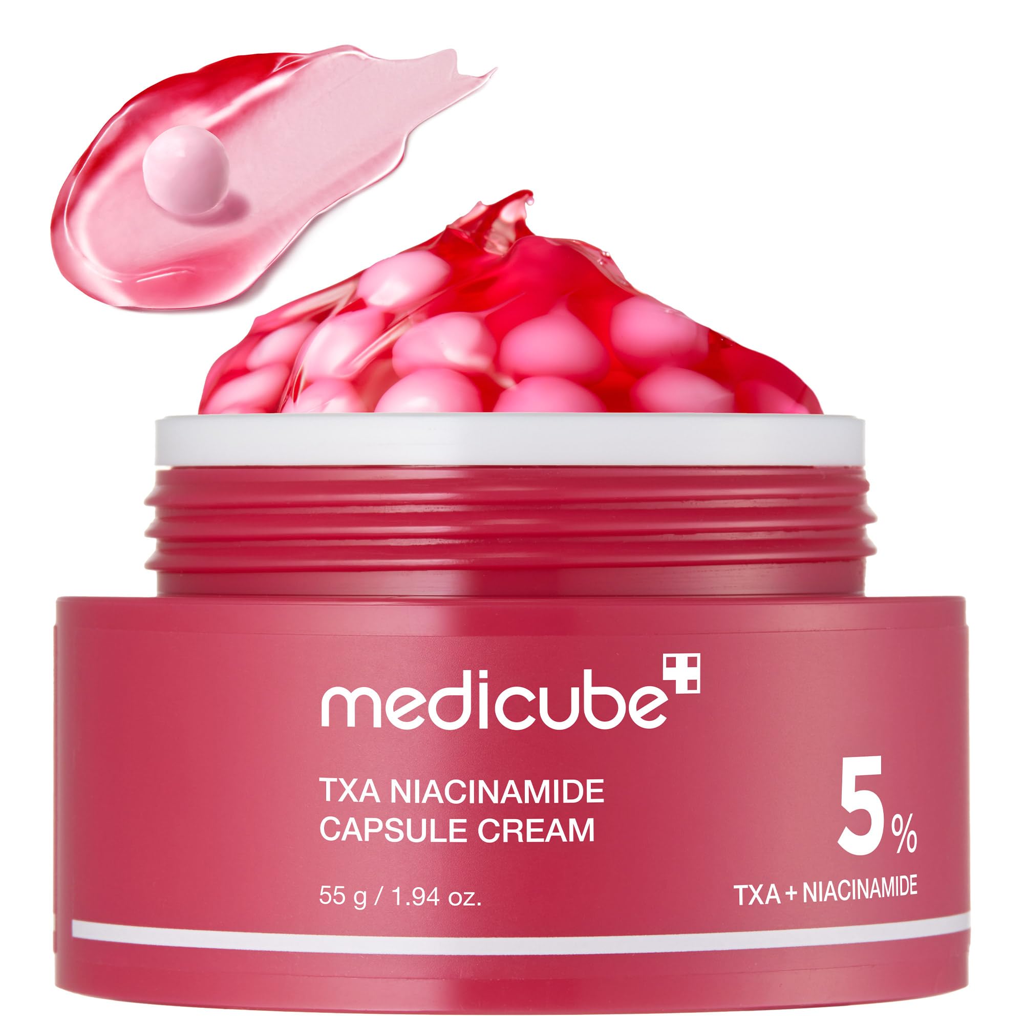 Medicube Capsule Cream with Deep Vitamin C in a white jar, showing the skincare product with capsules inside