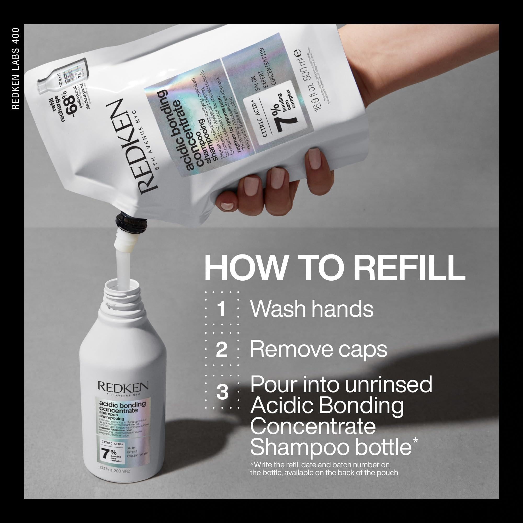 Redken Acidic Bonding Concentrate Shampoo bottle for damaged hair repair, featuring red and white packaging and product label.
