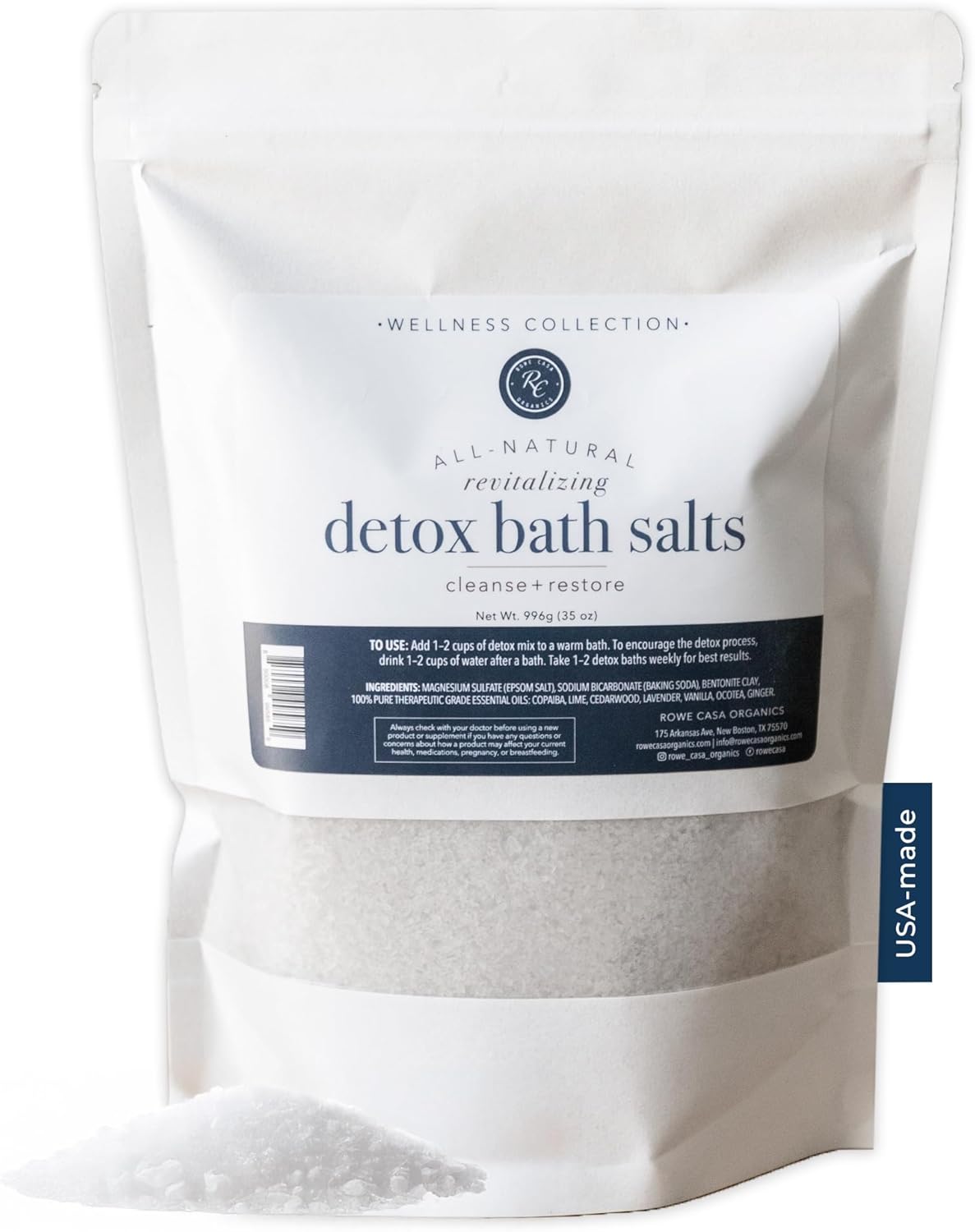 Rowe Casa Organics detox bath salts with magnesium and bentonite clay, showing a jar of salts with natural ingredients and spa setting.