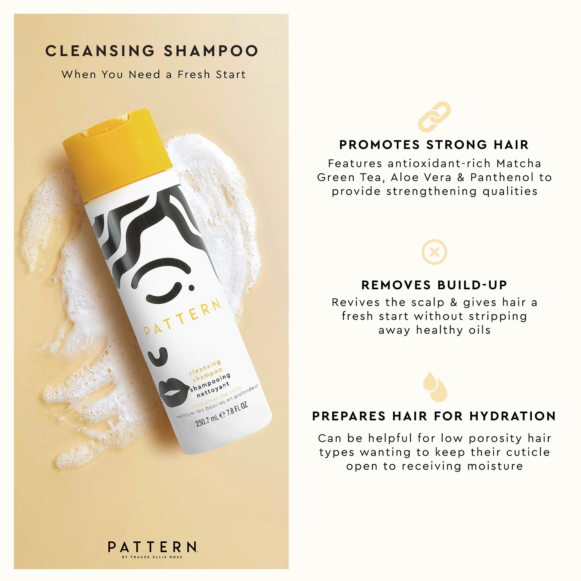 Pattern Beauty Cleansing Shampoo bottle with label, shown on a plain background, highlighting hair care for textured hair.