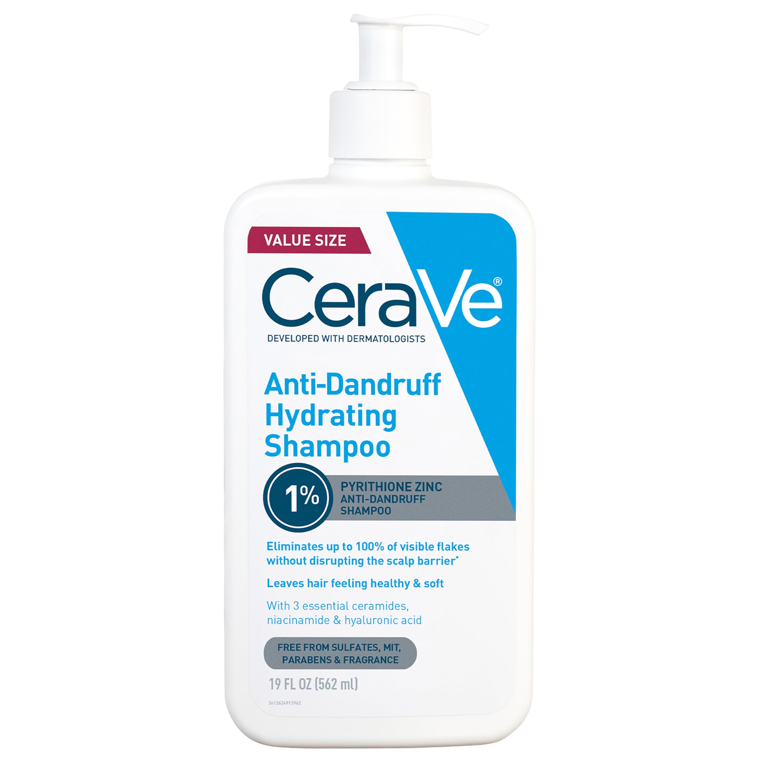 CeraVe Hydrating Anti Dandruff Shampoo bottle with label, clear liquid inside, and a pump dispenser on a white background.