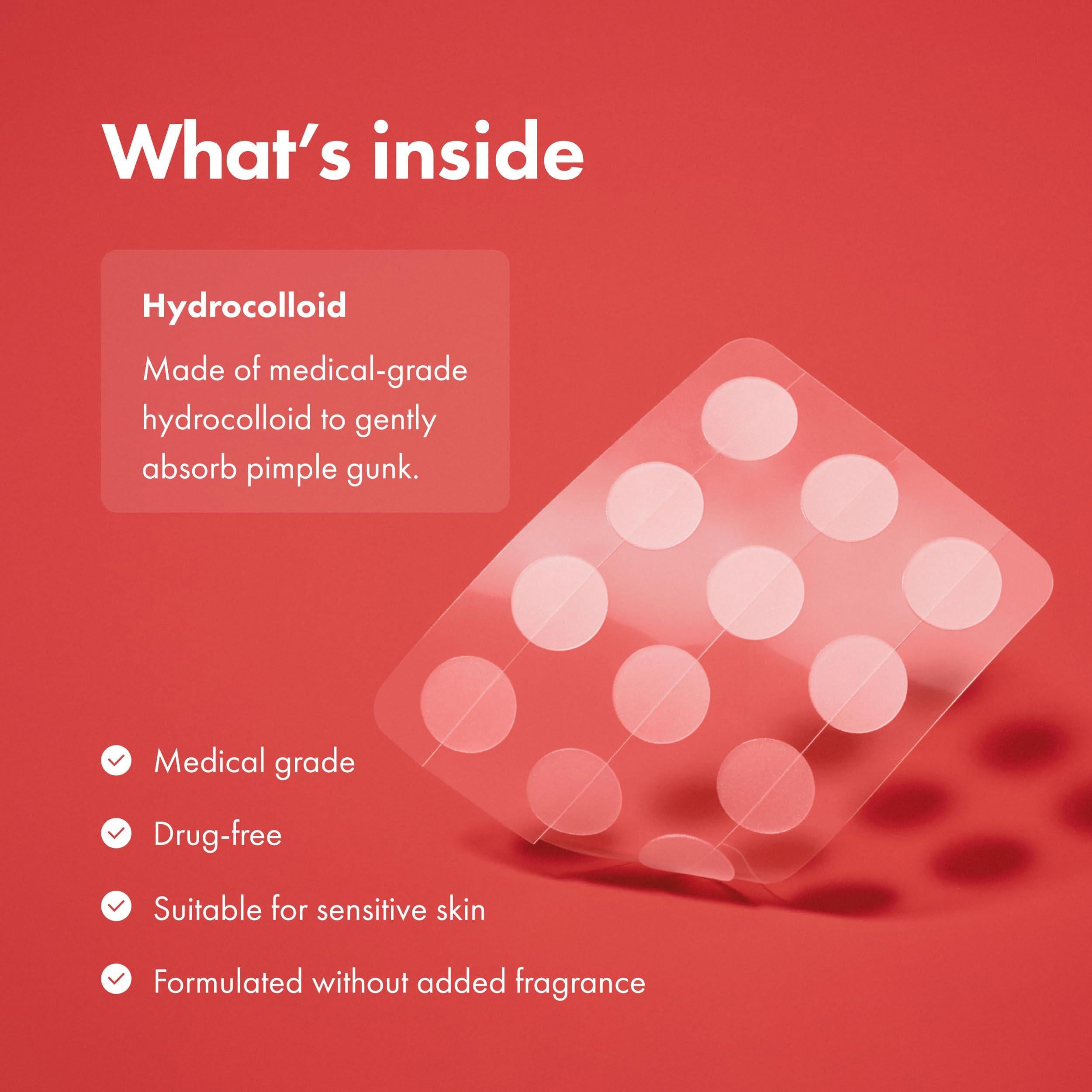 Close-up of Matchy Patch Mighty Patch Original acne treatment patches on skin with clear, natural appearance and skin-toned design.