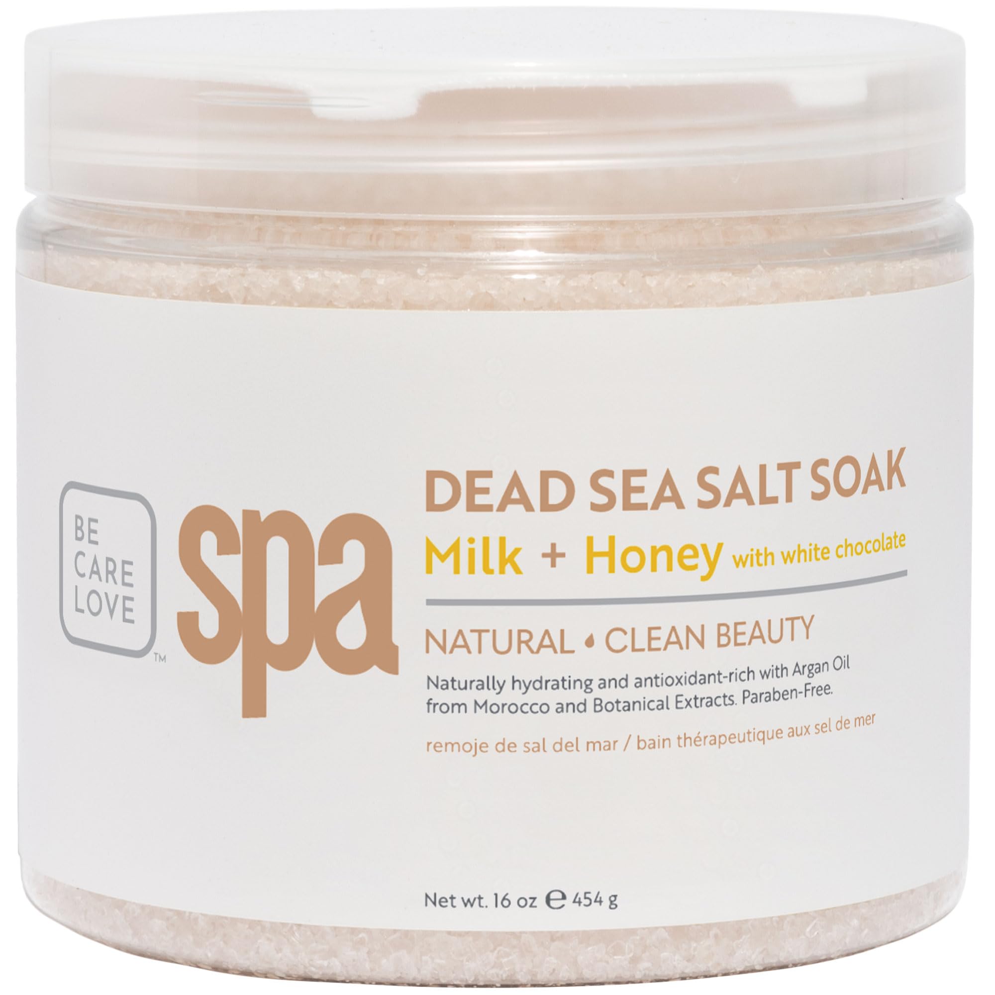 Be Care Love Spa Dead Sea Salt Soak in a glass jar, showcasing coarse mineral-rich bath salts for relaxation and skin benefits.