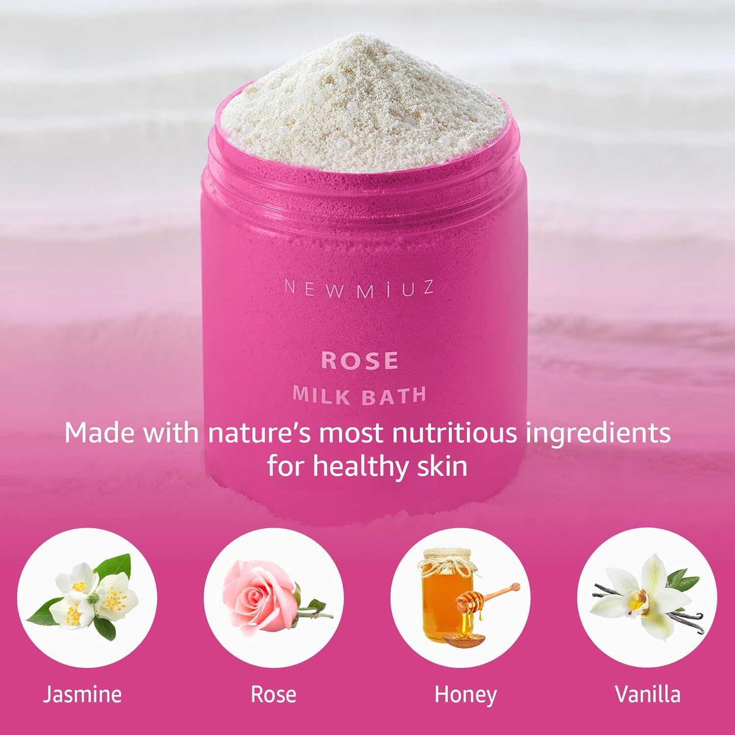 NewMiuz Calming Rose Coconut Milk Bath Soak in a clear glass jar with rose petals and coconut milk ingredients visible.