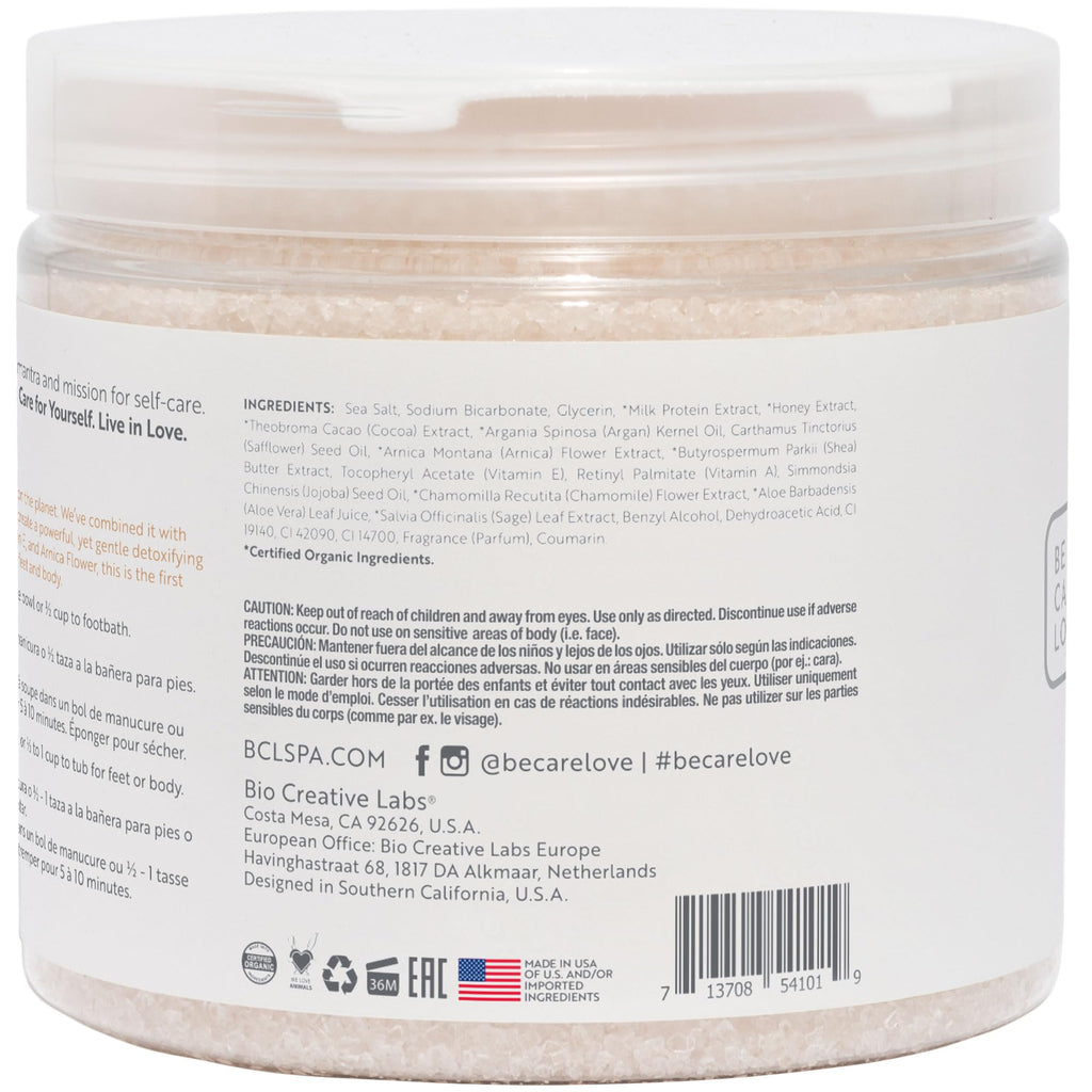 Be Care Love Spa Dead Sea Salt Soak in a clear jar with white and blue label, showing the salt crystals and product packaging.