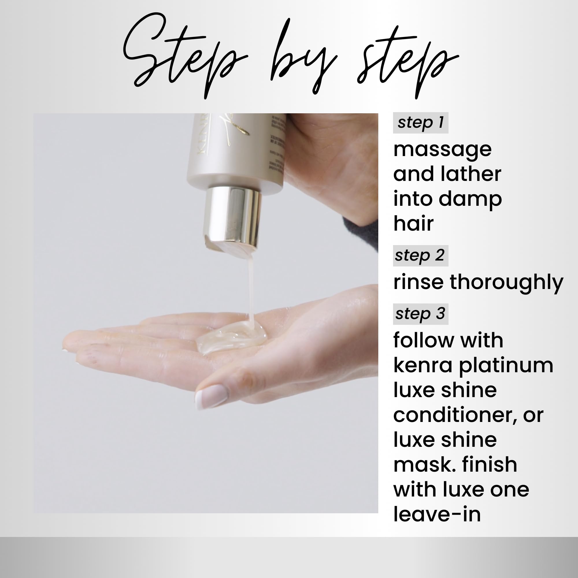 Kenra Kerna Platinum Luxe Shine Shampoo bottle with sleek silver design and product label visible on a clean background.