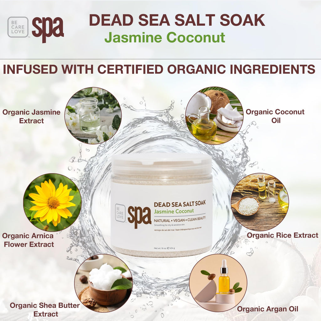 Be Care Love Spa Dead Sea Salt Soak in a jar, featuring coarse salt crystals for relaxing bath and skin detoxification.