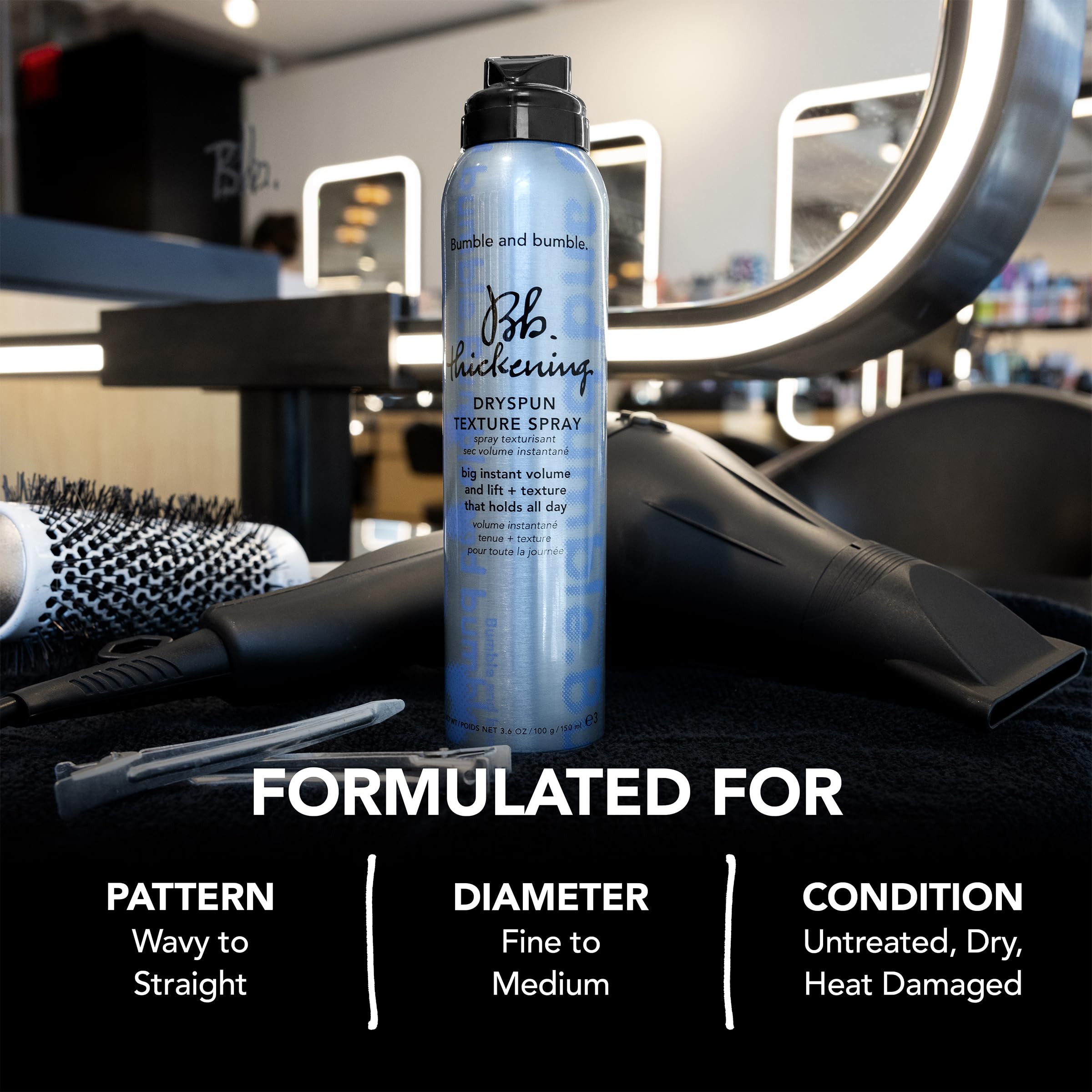 Bumble & Bumble Thickening Dryspun Texture Spray bottle with spray nozzle, designed to add volume and texture to hair.