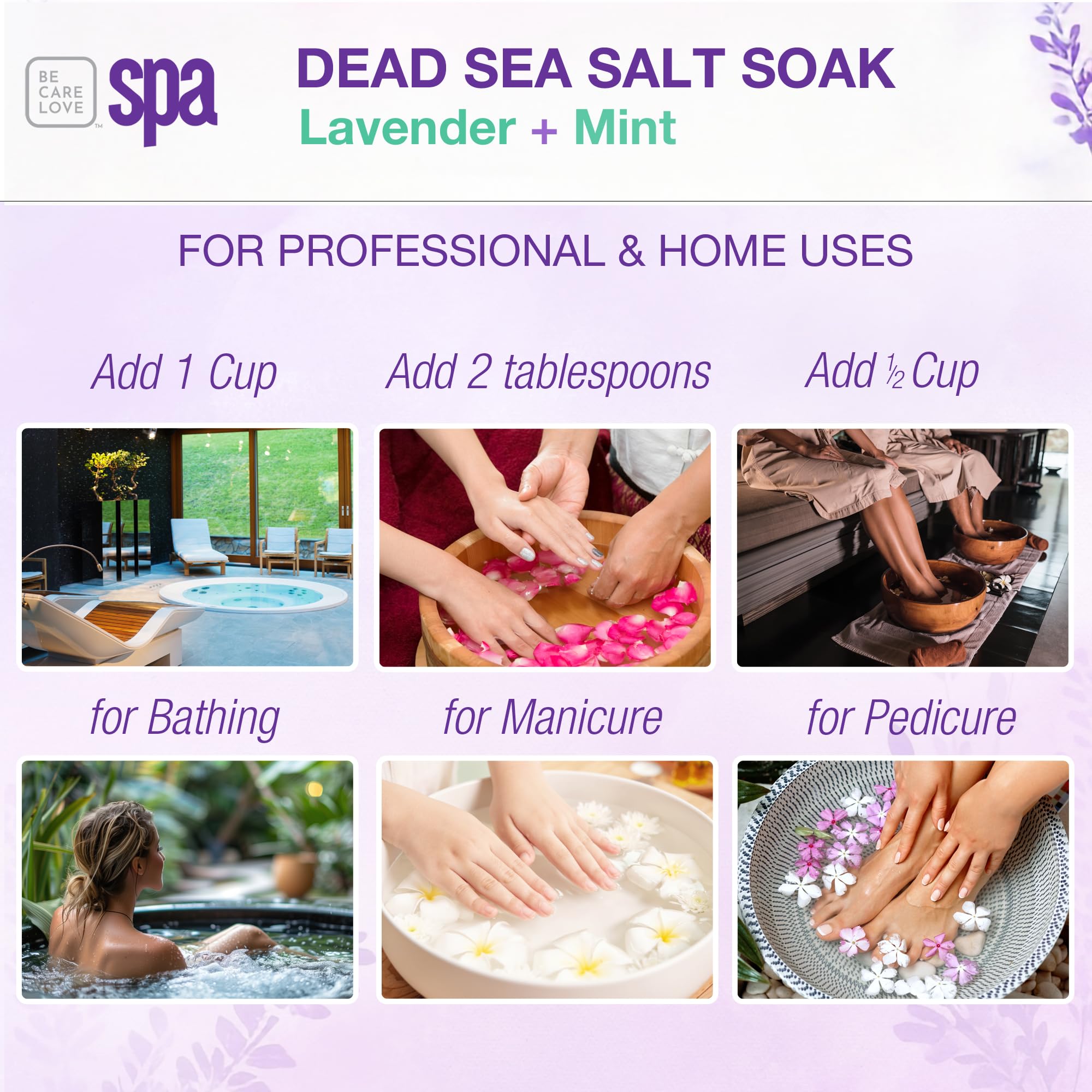 Be Care Love Spa Dead Sea Salt Soak in a jar with a scoop, natural mineral bath product for relaxing skincare.