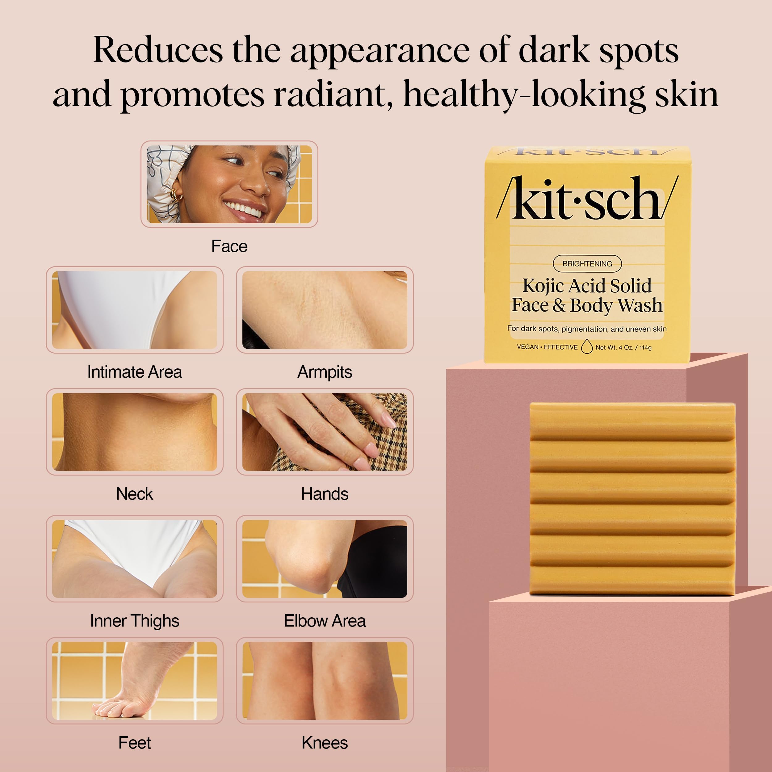 Kitsch Kojic Acid Soap bar with white packaging, designed for skin brightening and exfoliation.
