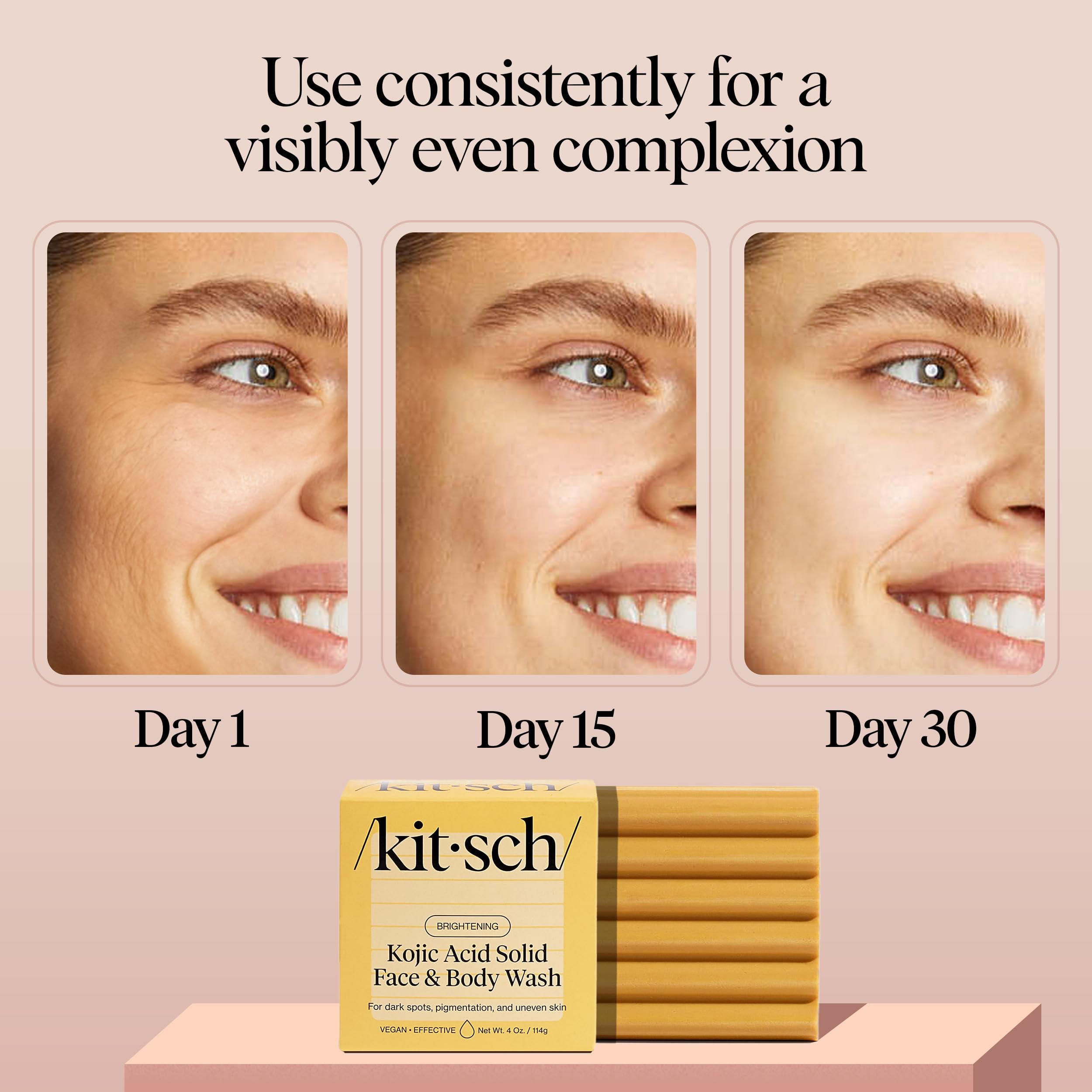 Kitsch Kojic Acid Soap bar with white and light brown packaging, designed for skin brightening and exfoliation.