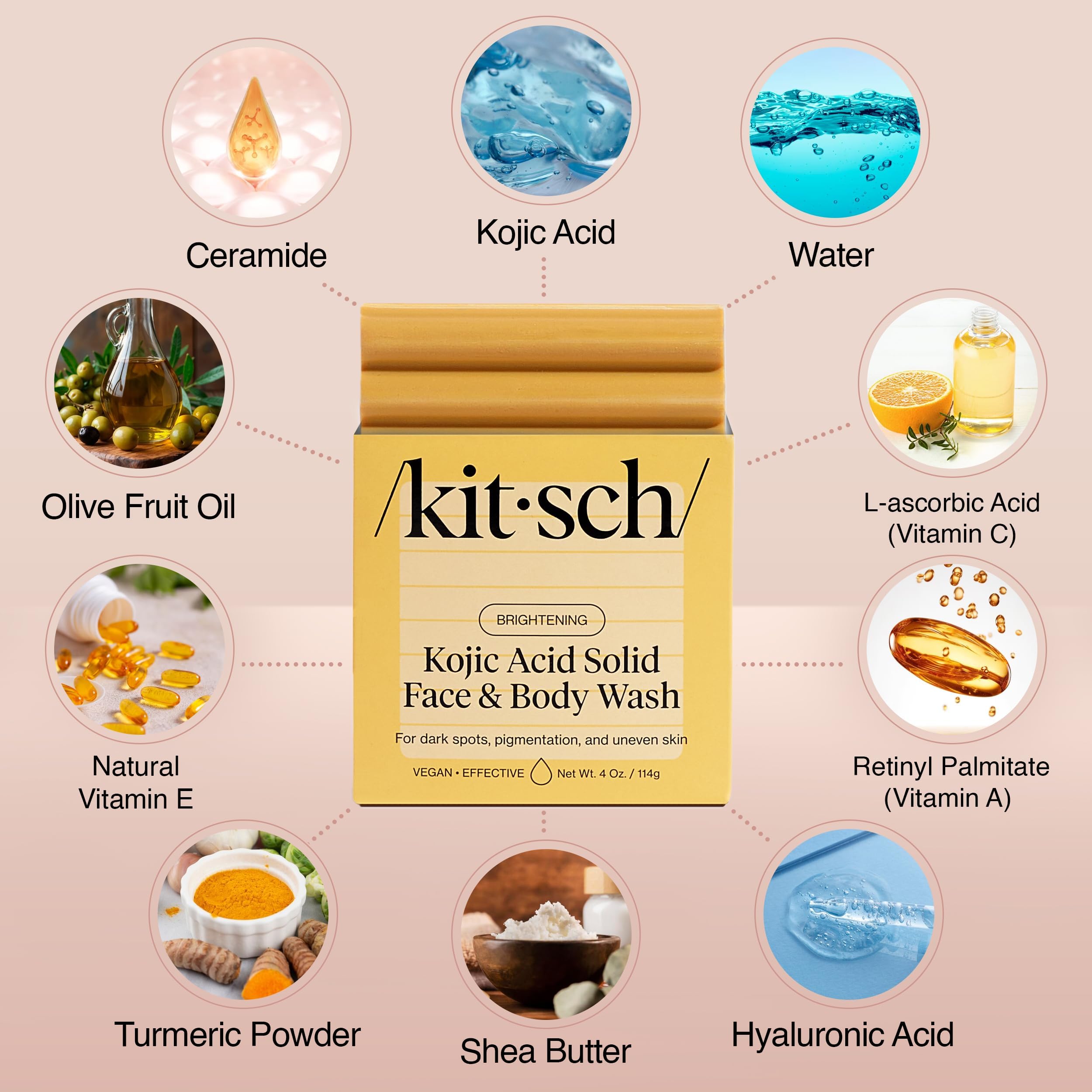 Kitsch Kojic Acid Soap bar with white and light blue packaging, designed for skin brightening and gentle cleansing.