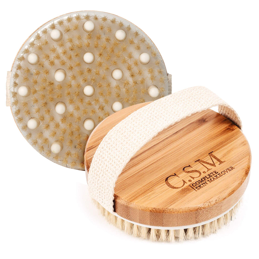 CSM dry brushing body brush for lymphatic drainage with wooden handle and natural bristles, used for exfoliating and stimulating skin.