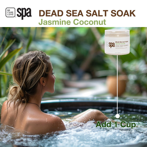Be Care Love Spa Dead Sea Salt Soak in a glass jar with salt crystals, designed for relaxing bath experiences.