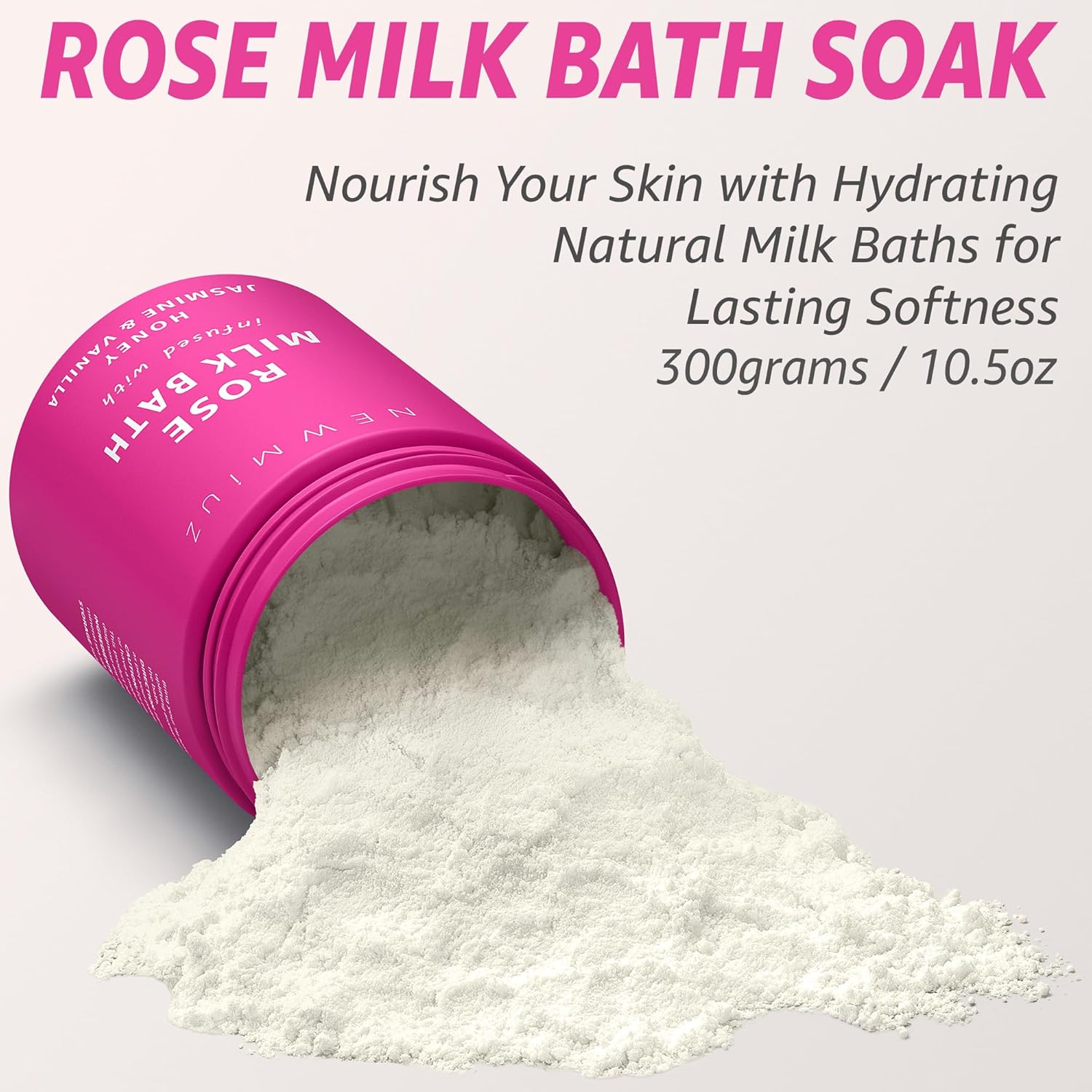 NewMiuz Calming Rose Coconut Milk Bath Soak in a jar with pink and white floral packaging.