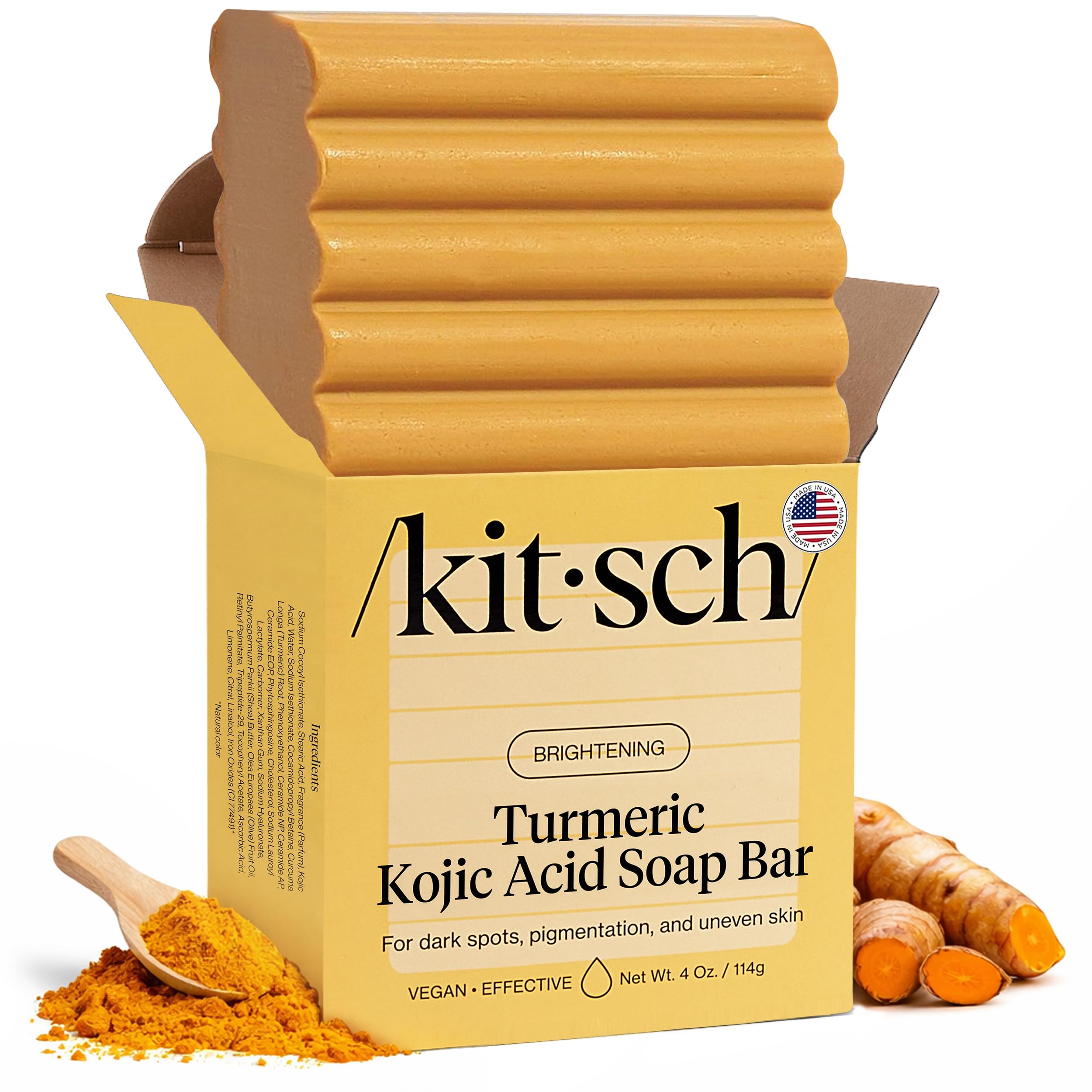 Kitsch Kojic Acid Soap bar with white and gold packaging, designed for skin brightening and exfoliation.