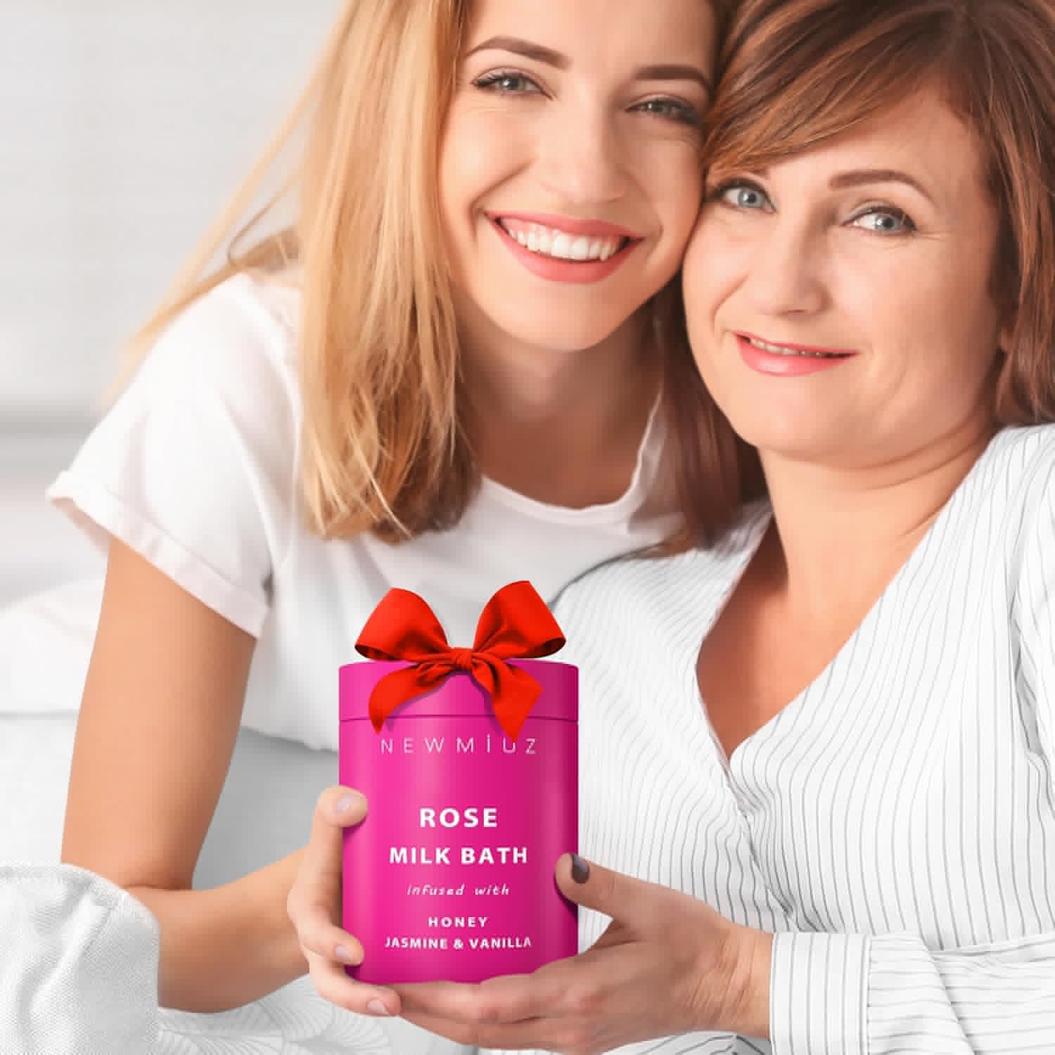 NewMiuz Calming Rose Coconut Milk Bath Soak in 81g package with rose petals and coconut milk ingredients, relaxing bath product