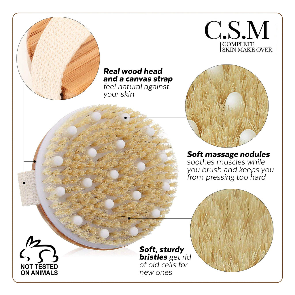 CSM dry brushing body brush for lymphatic drainage, featuring natural bristles and ergonomic handle for gentle skincare.