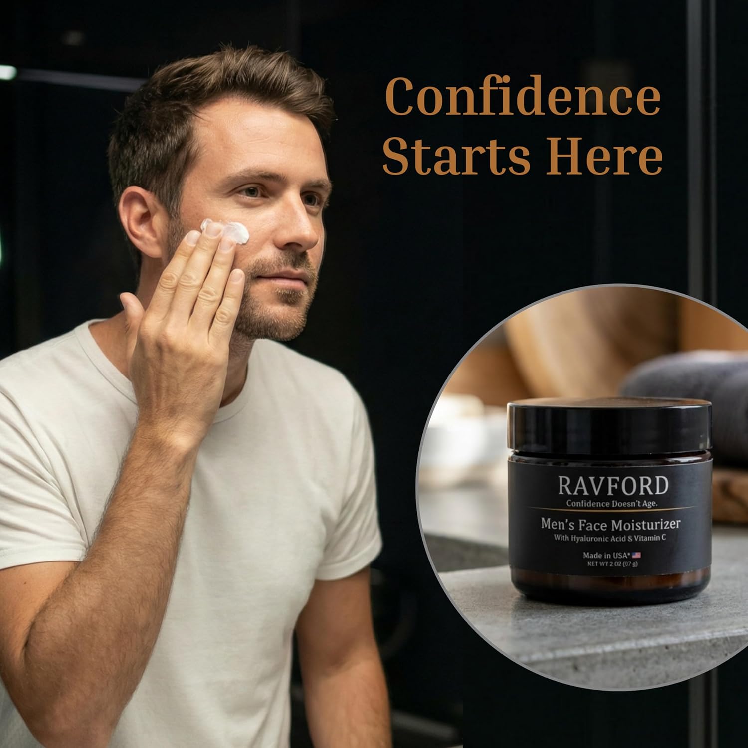 Ravford Men’s Face Moisturizer in a sleek jar, showing the creamy skincare product designed for men's facial hydration.