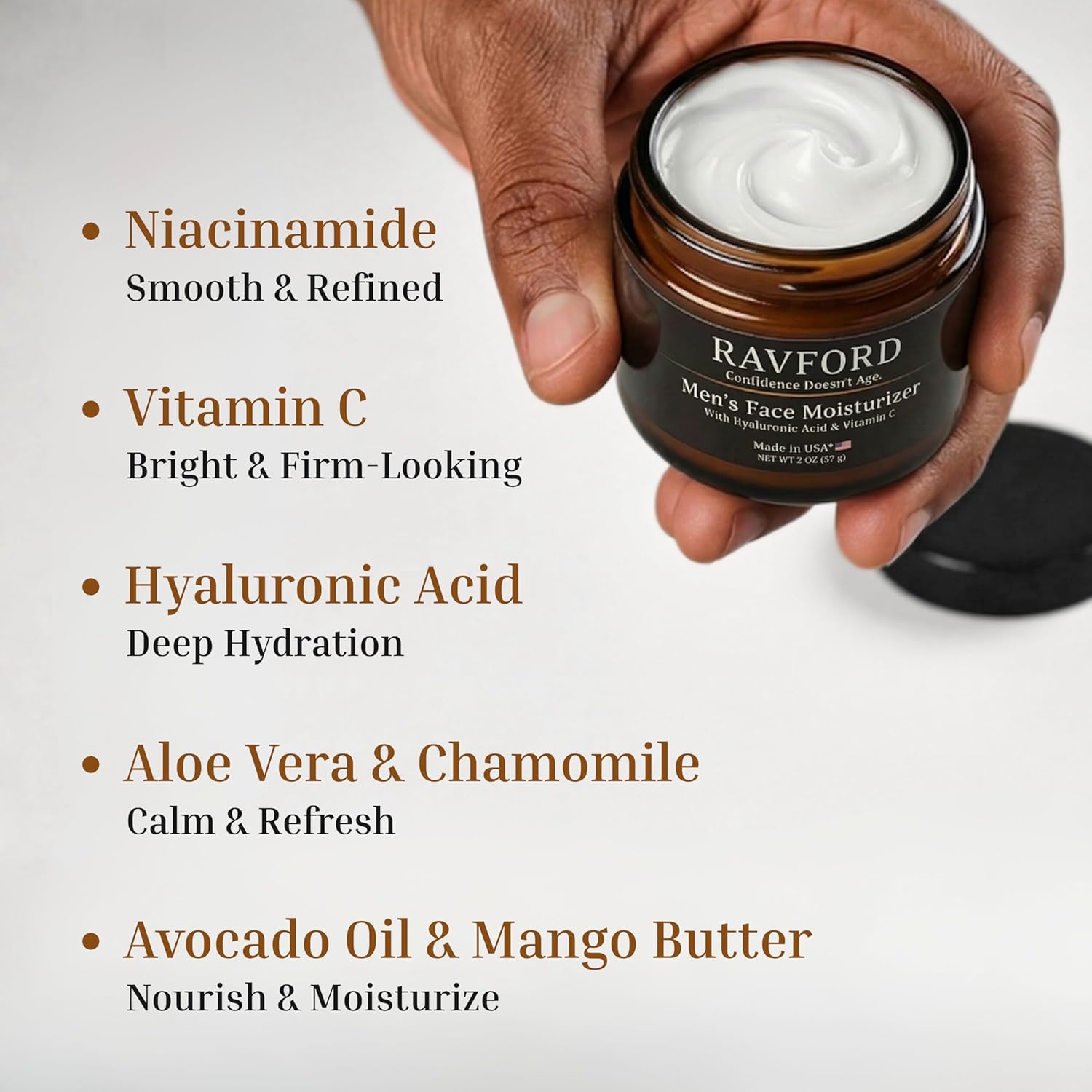 Ravford Men’s face moisturizer in a sleek jar, showcasing smooth, hydrating cream for men's skincare.