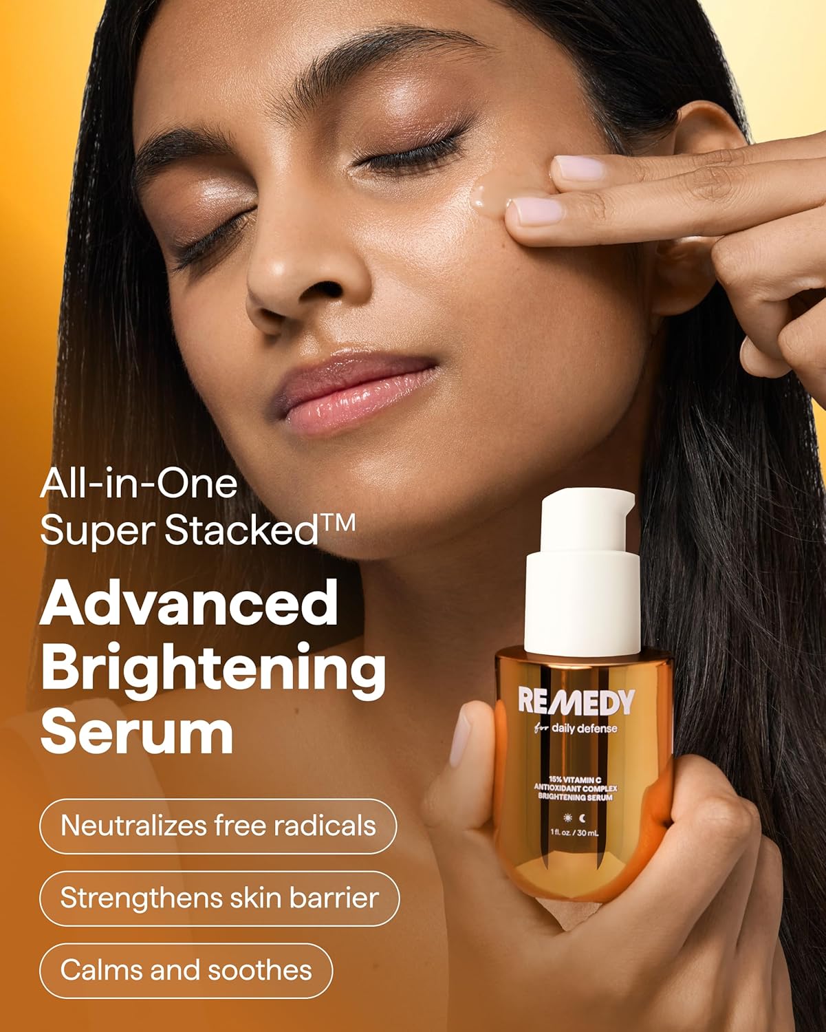 Remedy Science Vitamin C Complex Brightening Serum in a clear glass bottle with a white dropper cap, placed on a white background.