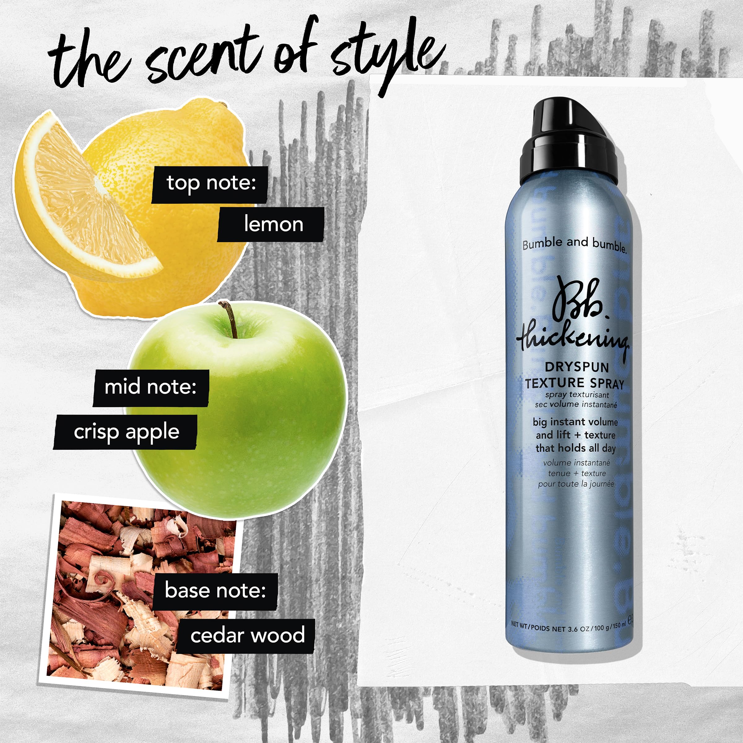 Bumble & Bumble Thickening Dryspun Texture Spray bottle with spray nozzle and product label, suitable for adding volume.