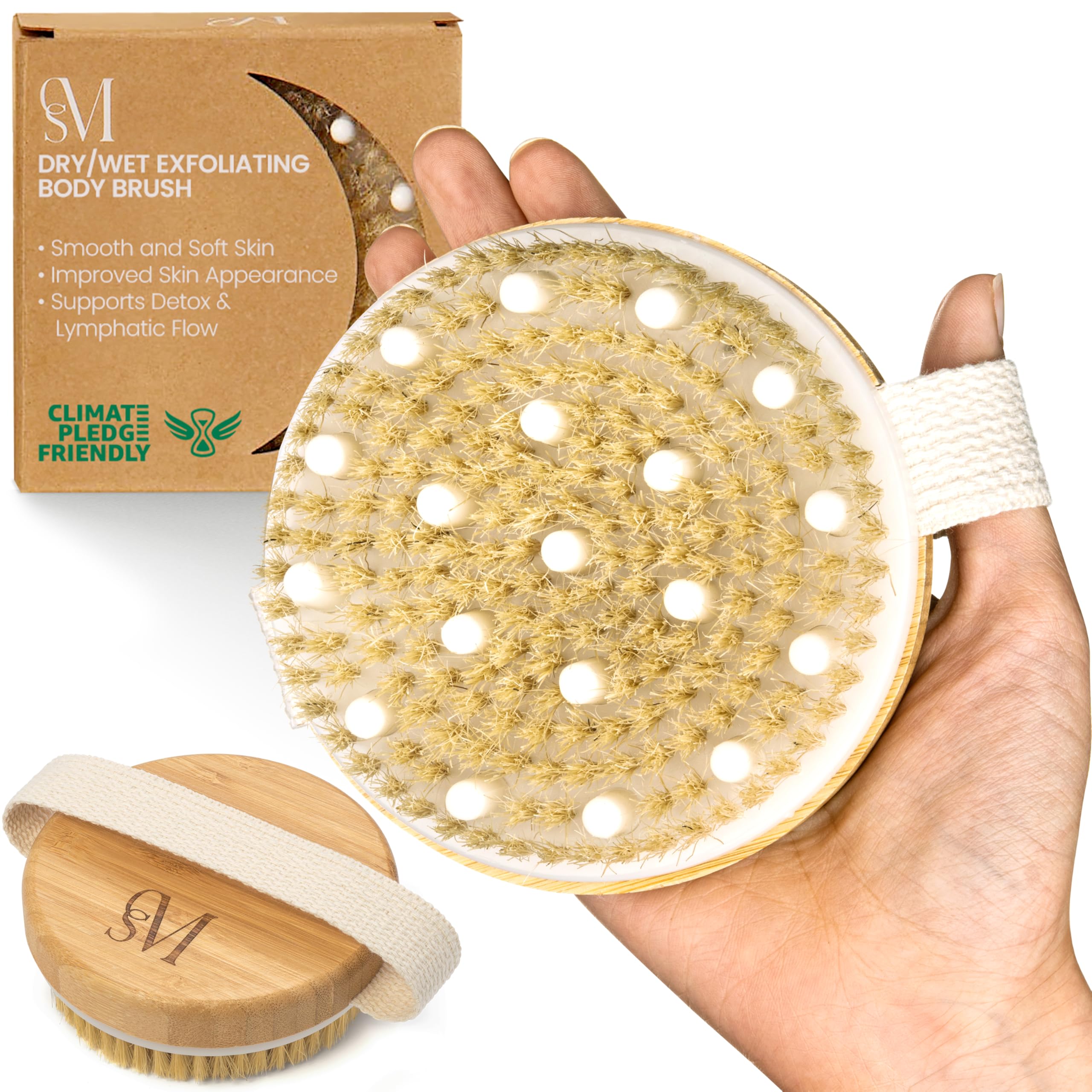 CSM dry body brush for lymphatic drainage with natural bristles, designed for exfoliation and skin stimulation.